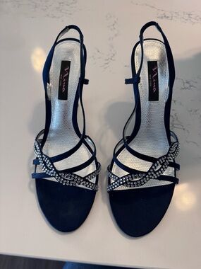 Nina Navy Rhinestone-Strap Slingback Heels